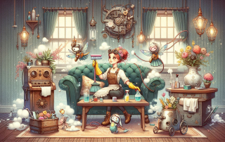 Spring cleaning guide with girl on couch smelling a flower